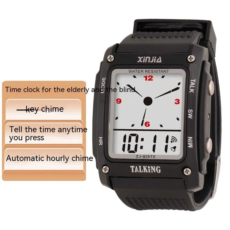 Black electronic talking watch with one-click voice time announcement, 15mm thick, for elderly users