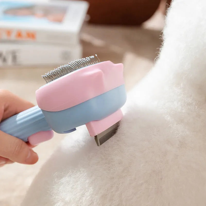 Blue double-sided dog deshedding brush with undercoat rake and dematting comb