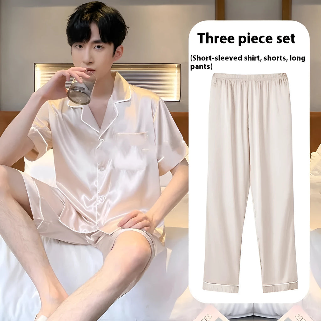 Men's ice silk home wear three-piece suit in cooling fabric with shorts and trousers