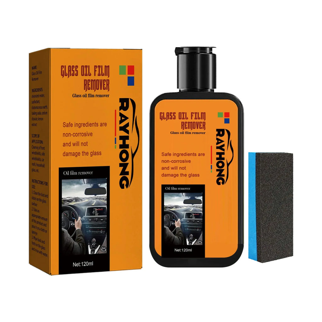120ml bottle of car window glass oil film remover spray with a cleaning sponge
