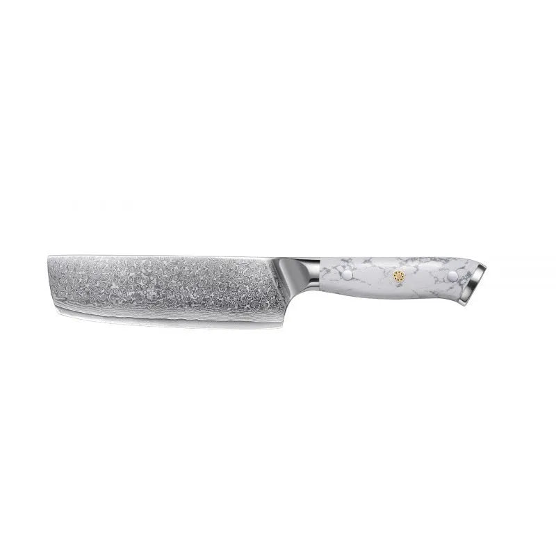 Damascus pattern VG10 steel chef knife with 21cm blade on cutting board