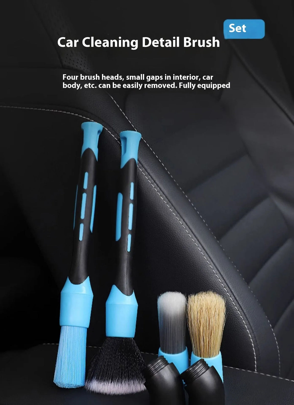 Blue detachable car wash brush set with four brush heads, two handles, and two elbows for hub gap cleaning