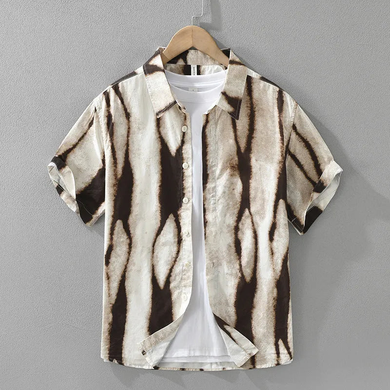 Retro striped cotton short sleeve shirt in black and brown colours with loose fit