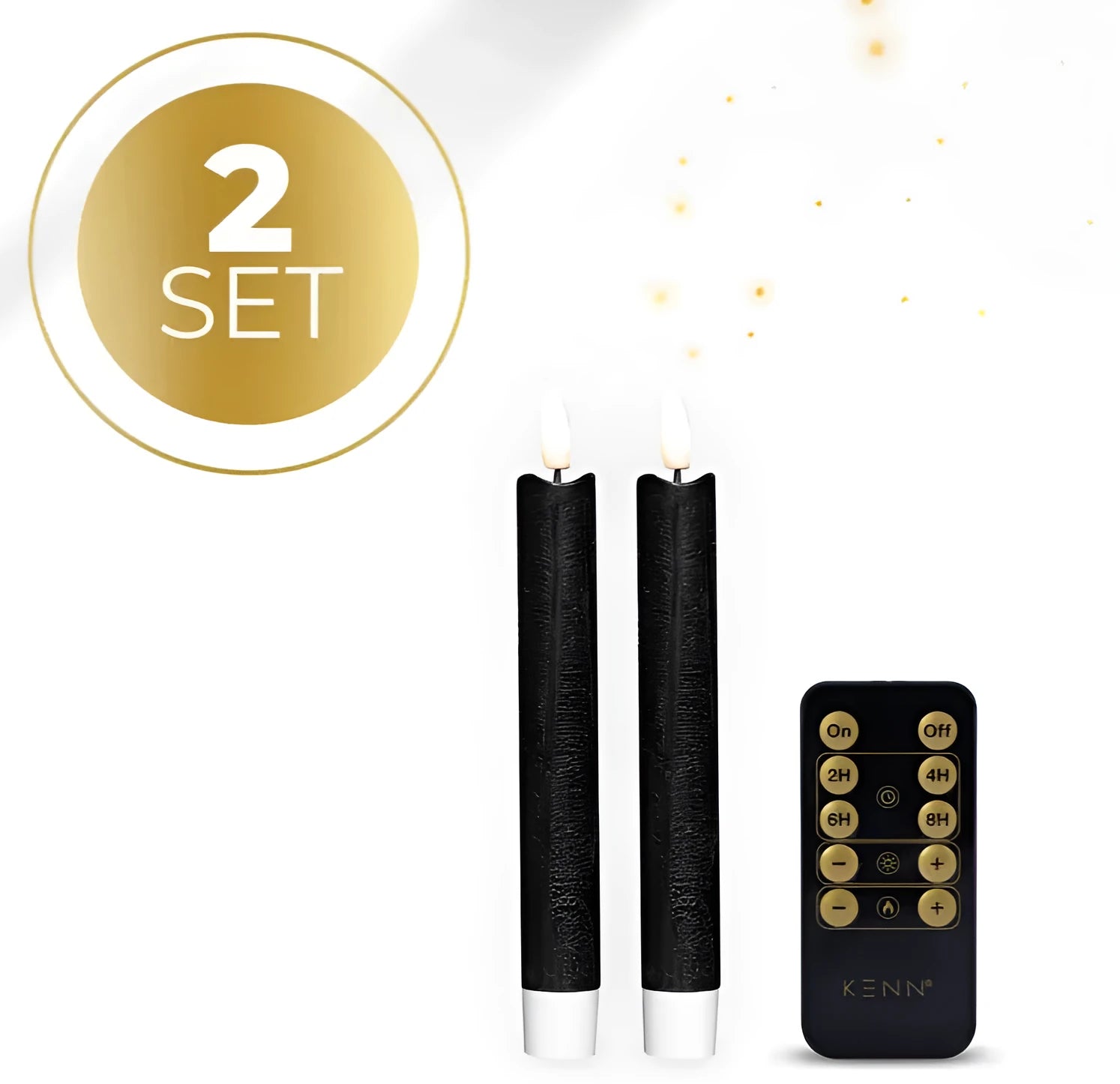 Black LED taper candle with realistic 3D flame effect measuring 18cm tall