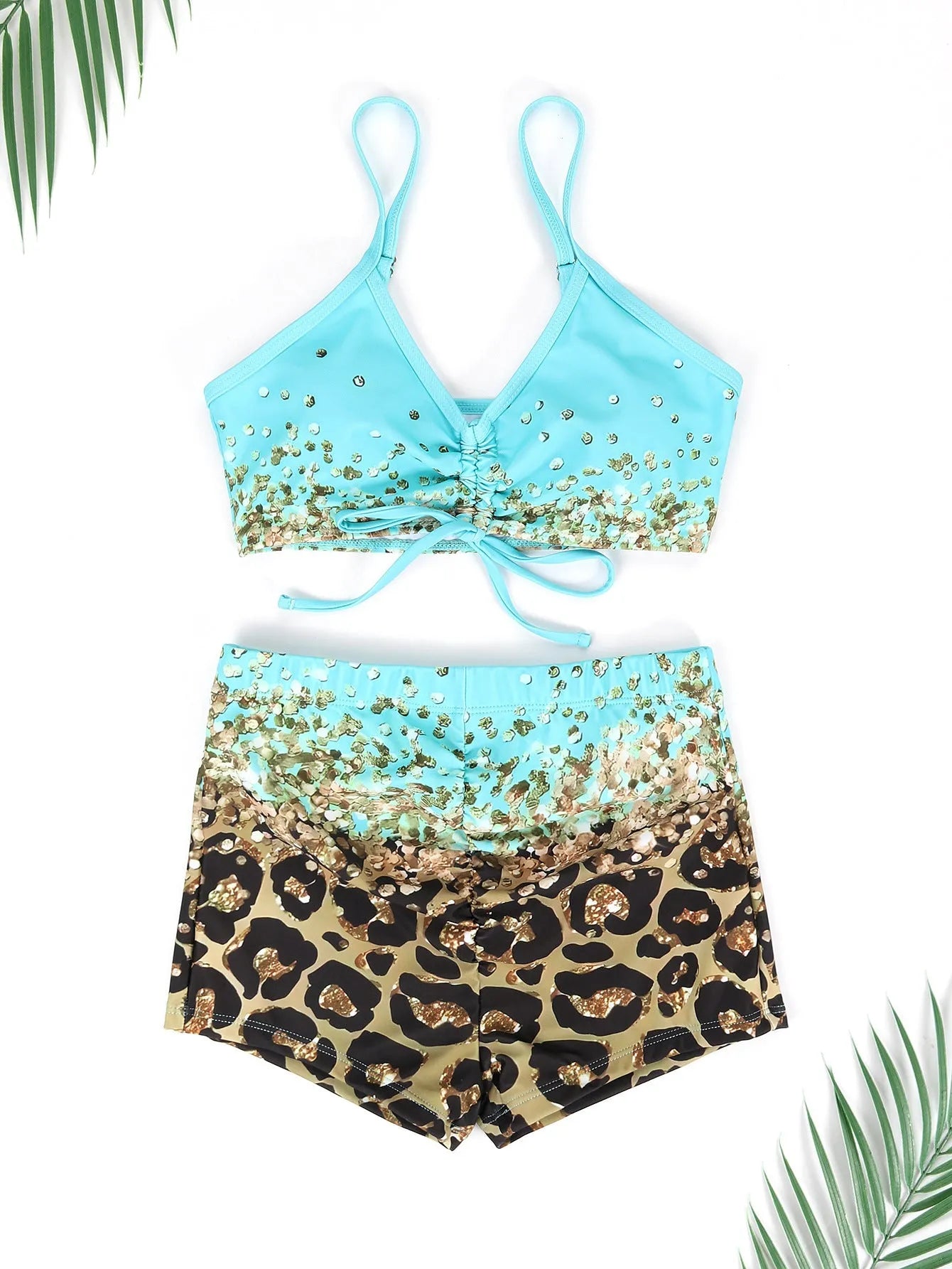 Women's lake blue swimsuit set with high waist briefs and sleeveless top