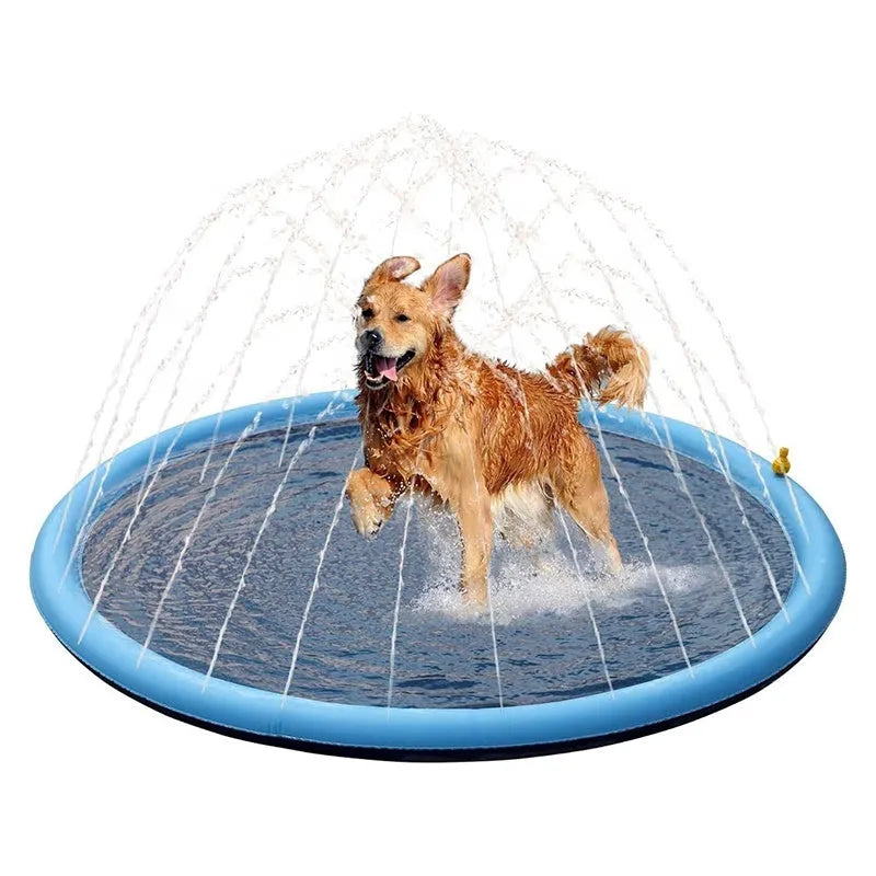 Large inflatable anti-slip dog sprinkler mat splash pad with water jets spraying, shown in a garden.