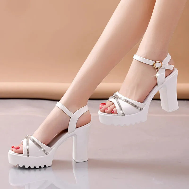 Women's black and white PU high heel sandals showing sizes 35-42