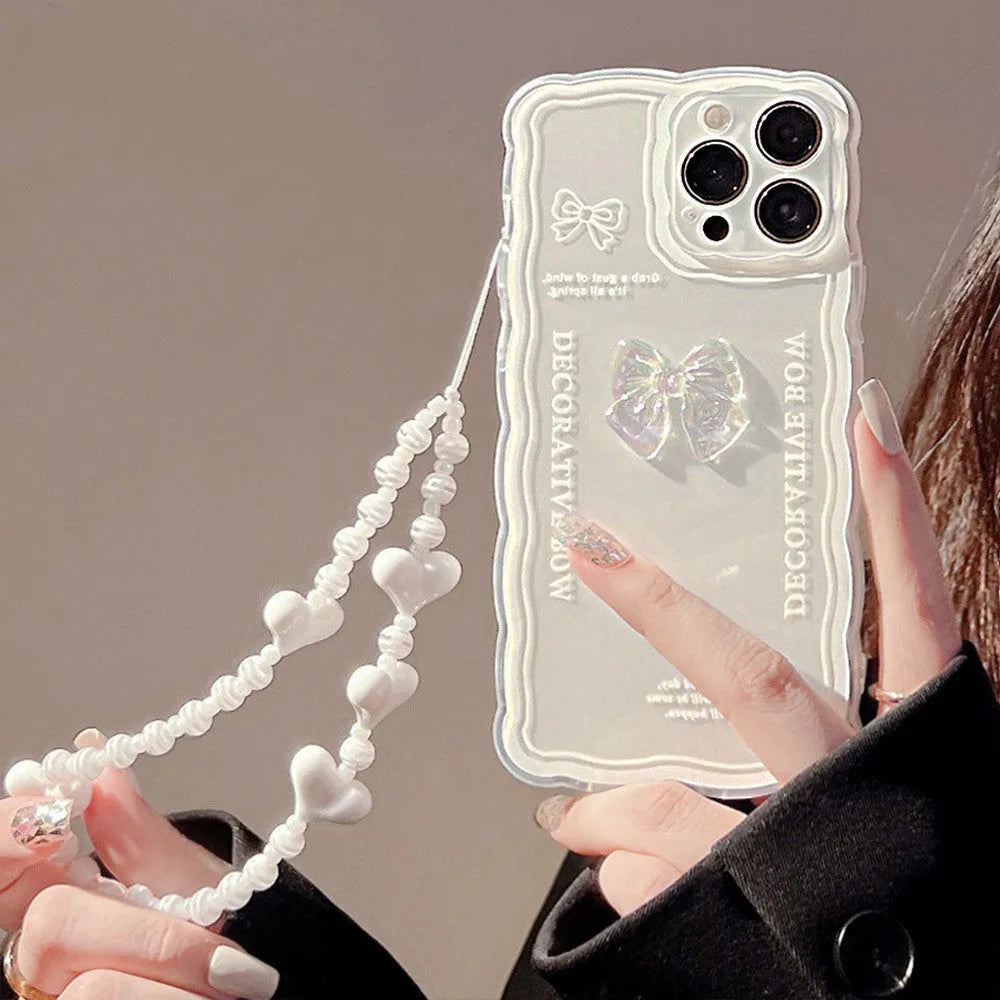 Transparent iPhone case with 3D ice-through bow design on TPU material showing phone compatibility