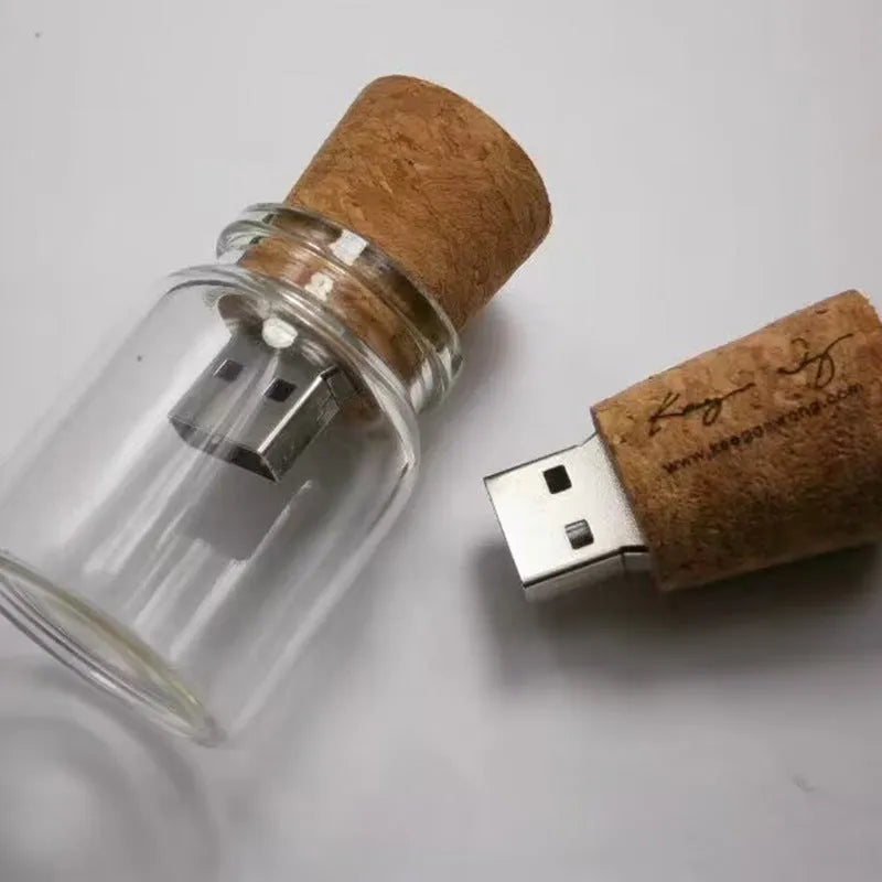 Wooden wish drift bottle USB flash drive with transparent casing showing decorative elements inside