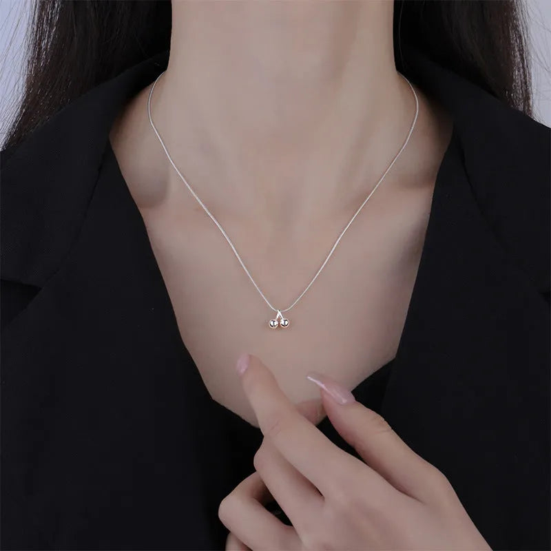 Silver cherry necklace with 925 standard silver pendant and adjustable snake bones chain