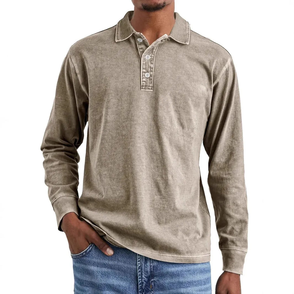 Men's retro washed distressed pure cotton lapel collar long sleeve polo shirt