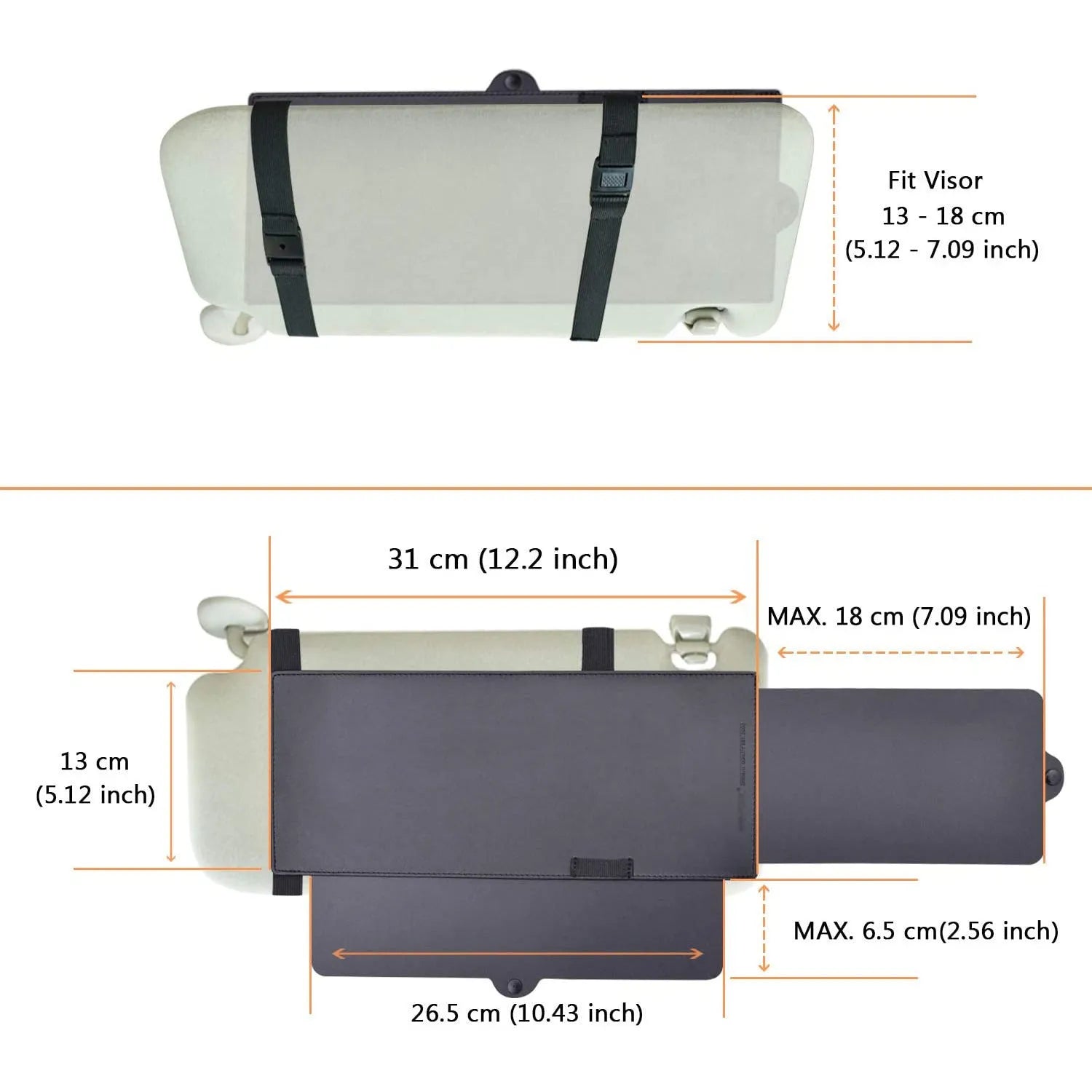 Portable retractable car sun visor in black PU leather PC board, 31x15cm, universal fit