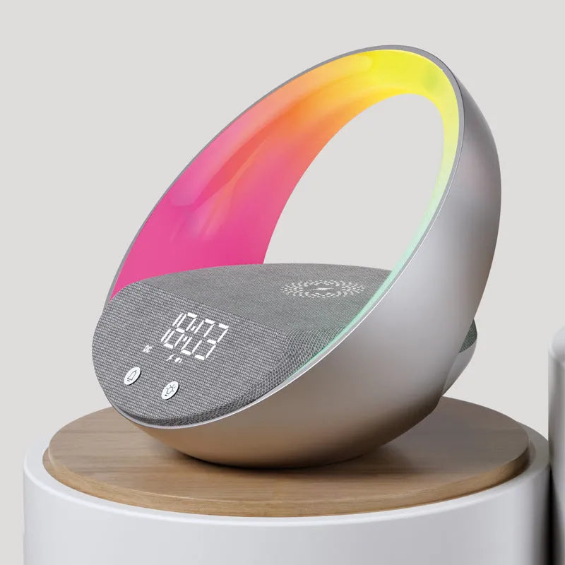 Beige wireless charging pad with digital clock, Bluetooth speaker, and ring of RGB LED mood lights.