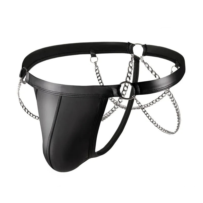 Black patent leather men's thong with a metal chain detail on the back, laid flat.