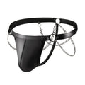 Black patent leather men's thong with a metal chain detail on the back, laid flat.