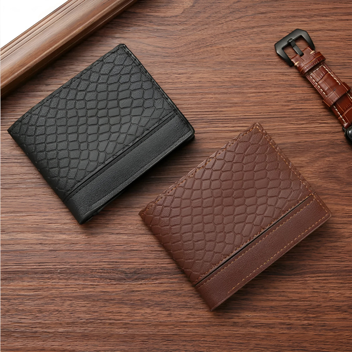 Men's short PU leather wallet with embossed snakeskin geometric pattern in black, brown or coffee