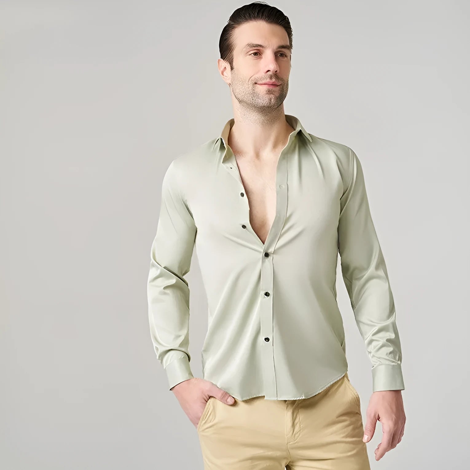 Men's stretch long sleeve work shirt in polyester, shown in one of 14 available colours.