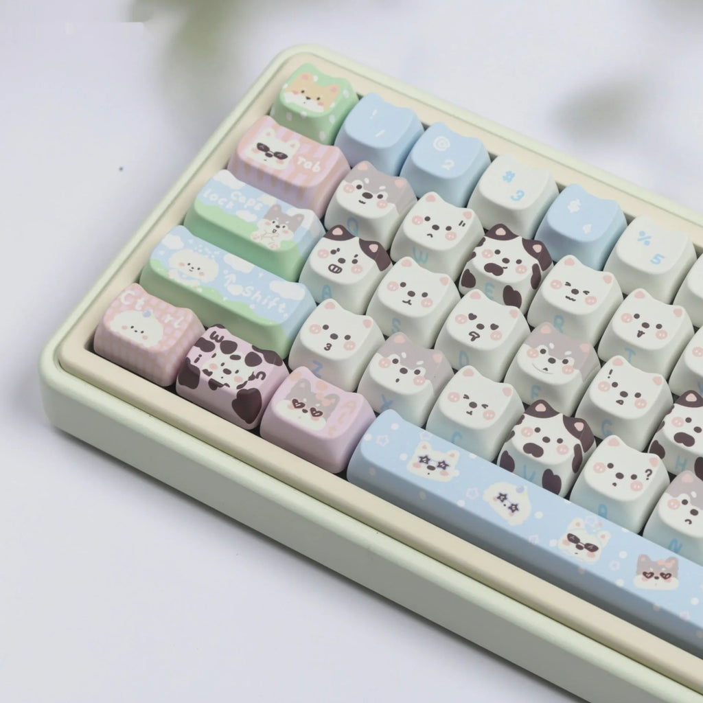 PBT key cap set with cat and puppy sublimation designs for mechanical keyboards