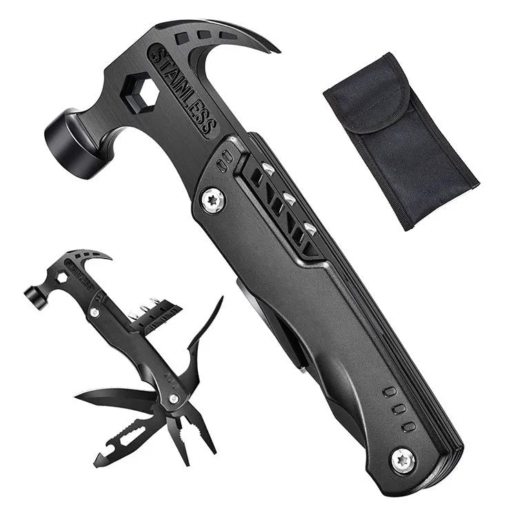Multifunctional nail hammer with metal head, 160x75x23mm size, and claw on a storage bag