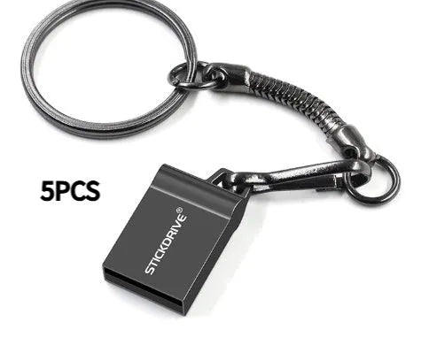 Metal USB flash drive on a keyring chain, shown in black and silver colour variants.