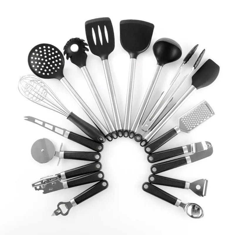 Black silicone kitchen spatula and spoon set with stainless steel handles - 16 piece cooking utensil collection