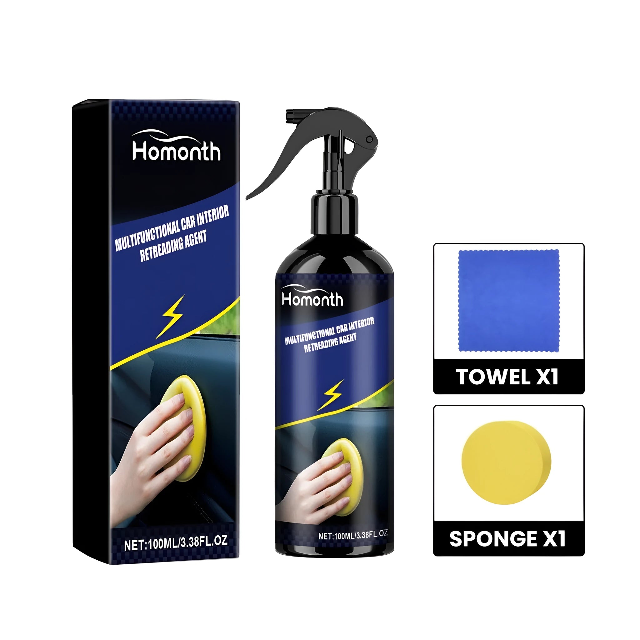 Car interior retreading agent kit with plastic bottle, yellow sponge, and white towel