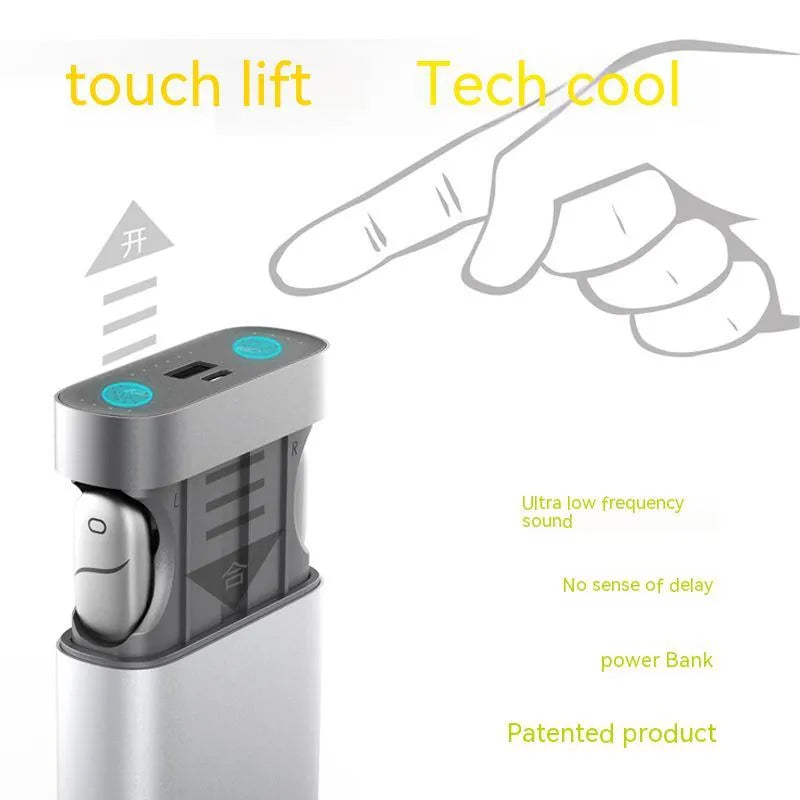 Silver gray wireless Bluetooth V5.0 headset with 3000mAh charging compartment and mobile power supply function, 74 x 28 x 95 mm