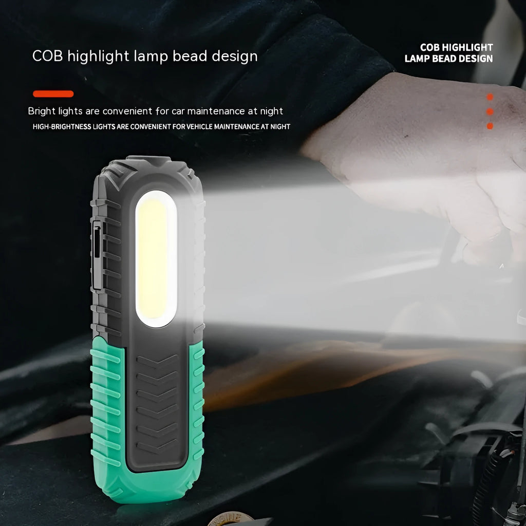 Black and green USB-rechargeable auto repair work light with compact ABS plastic body