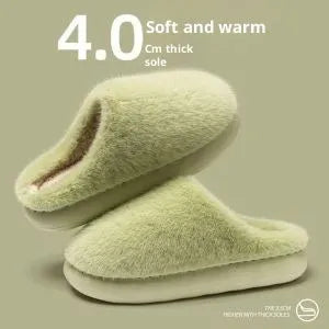 Non-slip winter cotton-padded slippers with plush upper, flat heel, round toe, beige colour
