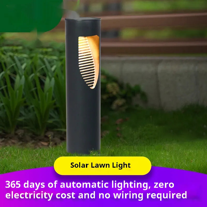 Black geometric abstract art solar-powered stainless steel garden lantern on grass.