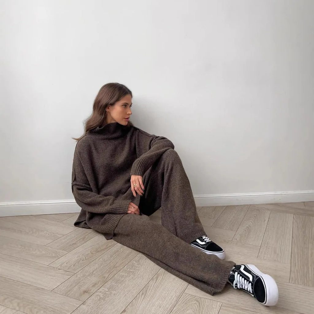 Women's dark khaki side-slit acrylic sweater with matching trousers suit set