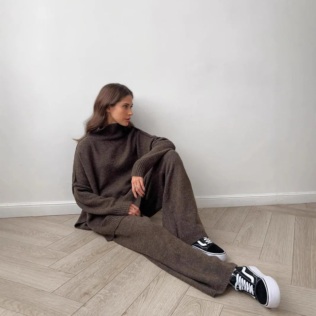Women's dark khaki side-slit acrylic sweater with matching trousers suit set