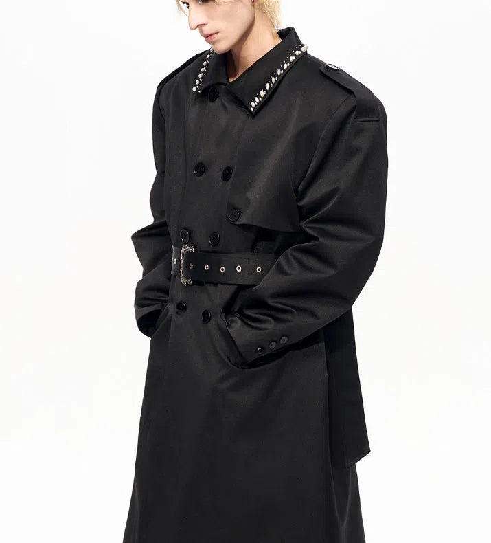Black padded trench coat medium length cotton polyester blend front view