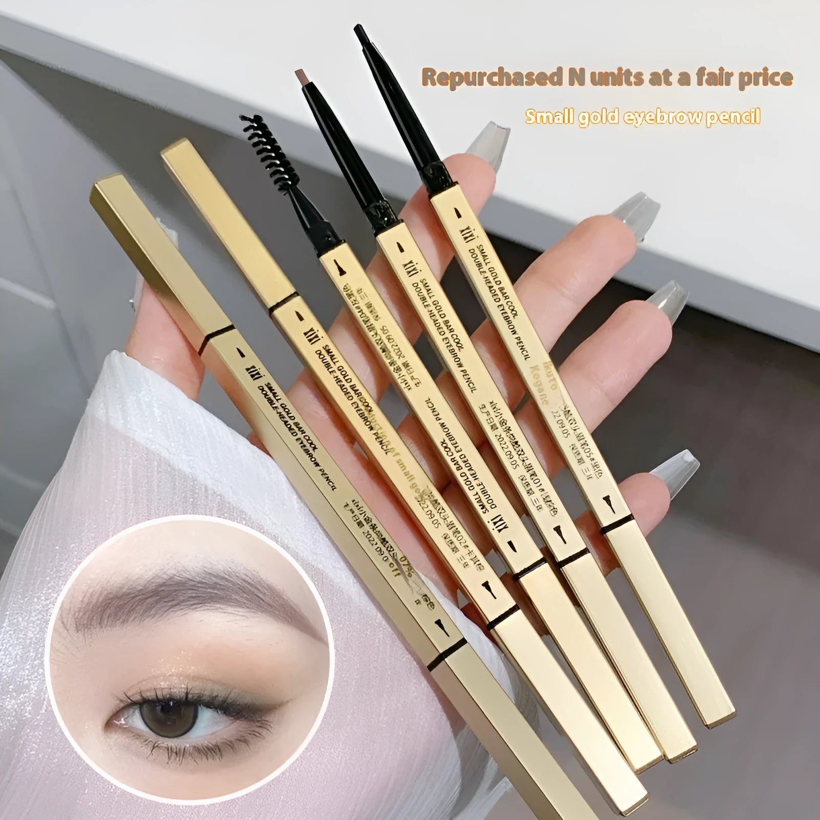 Gold chopstick ultra-fine eyebrow pencil showing five colour shades from light brown to black