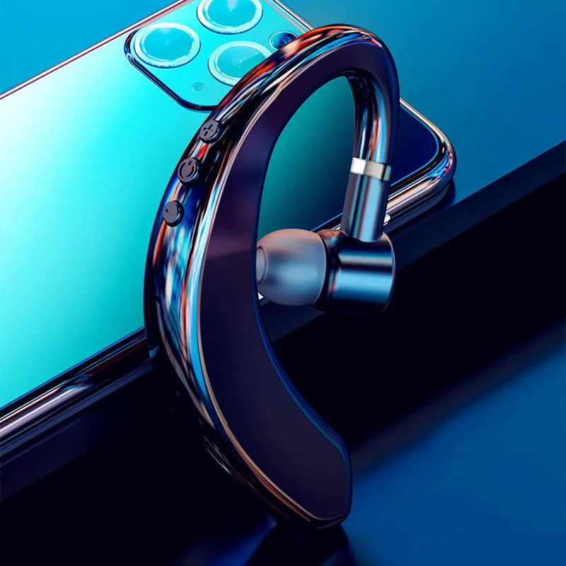 A single black or blue wireless Bluetooth in-ear headset with a rotatable earpiece, shown with its charging cable.