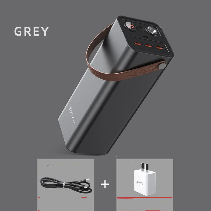 Black portable power bank with solar panel, 20000mAh capacity, and 200W maximum output power