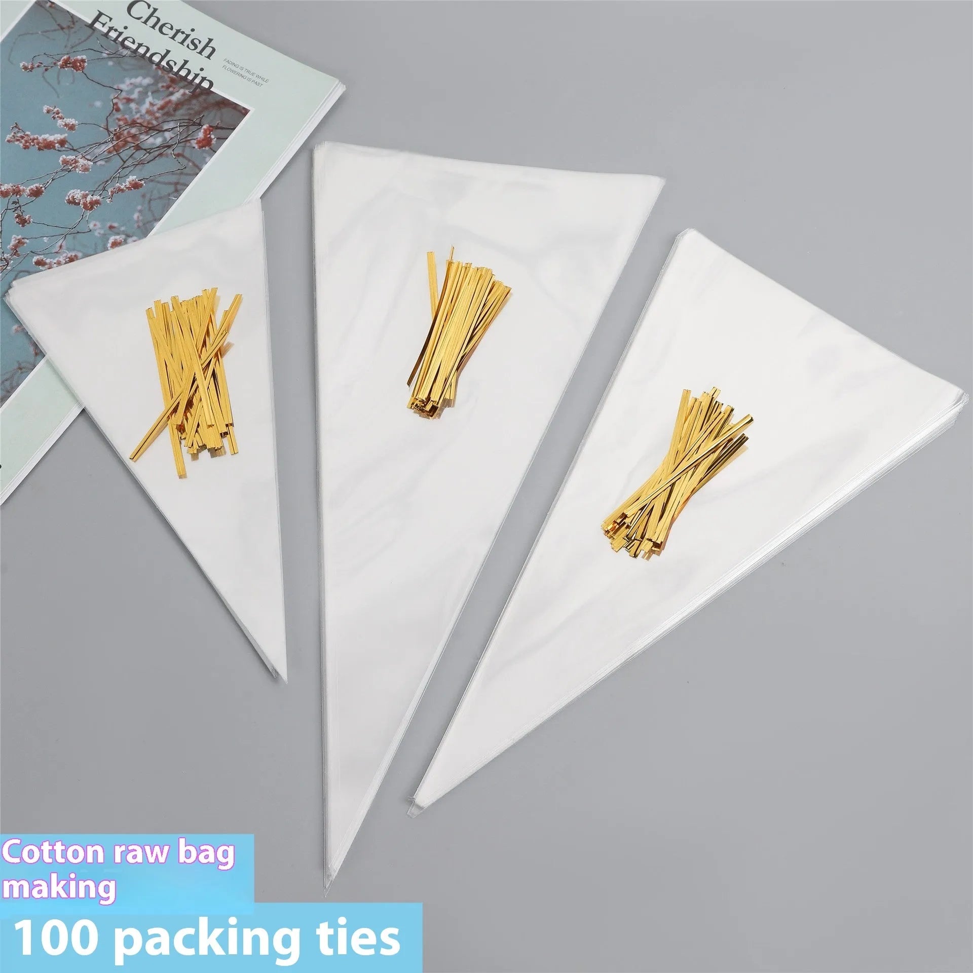 OPP triangle plastic packaging bag with integrated tie wire closure in three size options