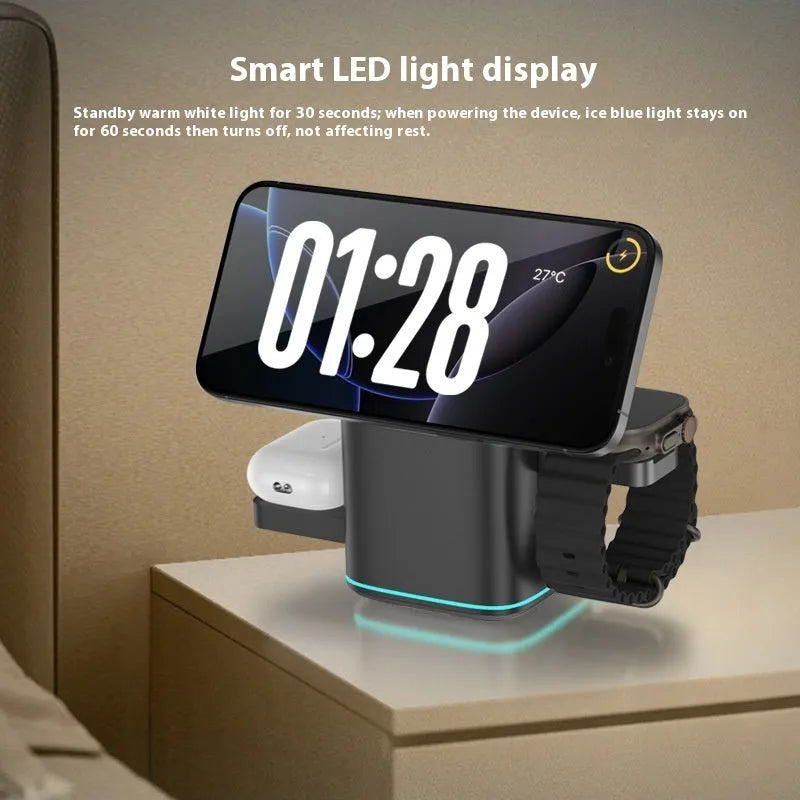 Black magnetic wireless phone charging stand showing 180-degree rotation with Type-C cable