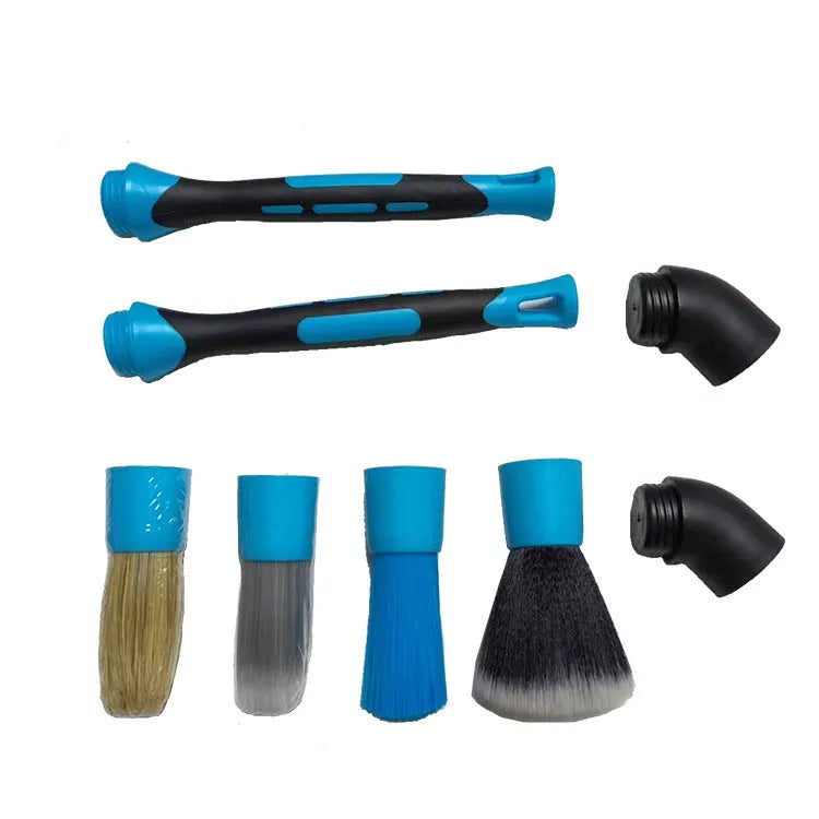 Blue detachable car wash brush set with four brush heads, two handles, and two elbows for hub gap cleaning