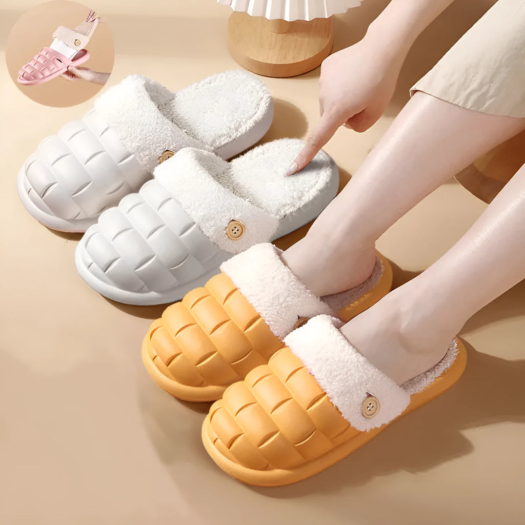 Women's detachable plaid EVA slippers with plush lining in multiple colours.