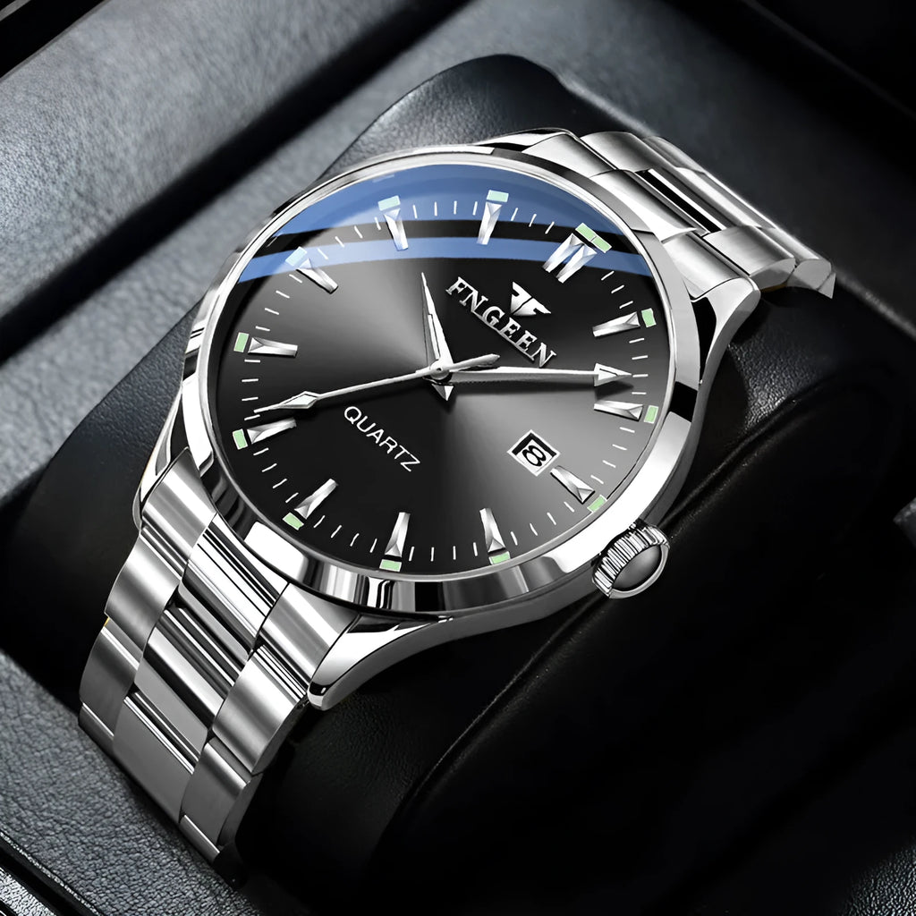 Men's quartz watch with 10mm thick case, stainless steel back, coated glass mirror, available in black or white steel and black leather.