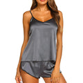 Women's ice silk lace two-piece lingerie set in black showing top and shorts on a model