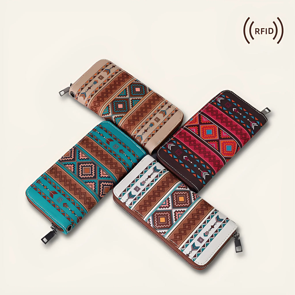 Bohemian striped canvas RFID wallet with anti-theft card protection in multiple colour options