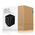 DeepCool twin tower CPU air cooler with digital display screen, black aluminium fins and copper heat pipes.