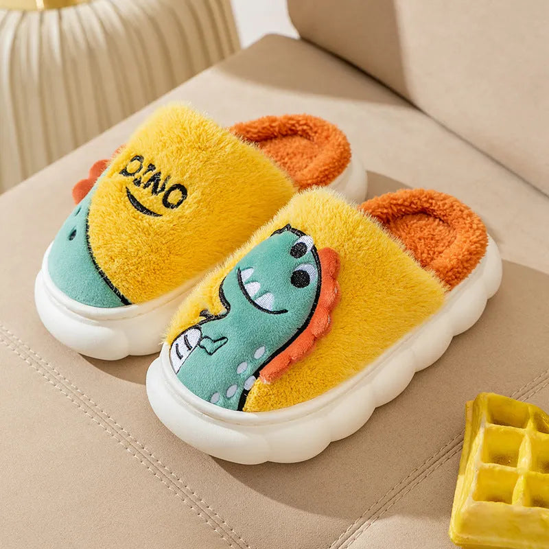 Cotton plush couple slippers with dinosaur patterns in grey, coffee and orange colour options
