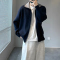 Men's loose fit contrast colour knitted cardigan sweater in apricot, front view, long sleeves, retro style