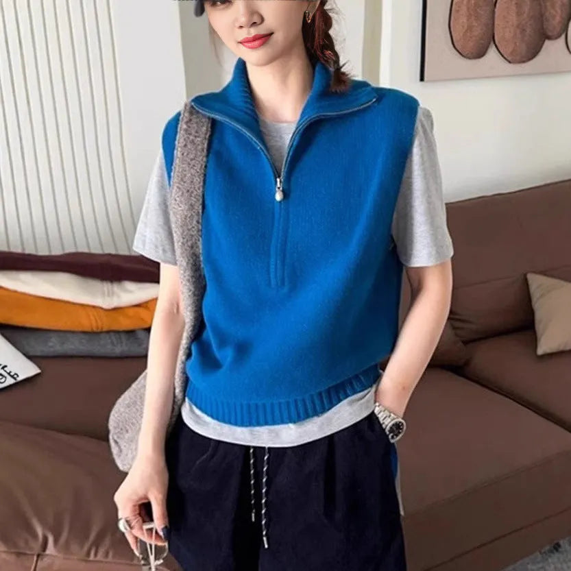 Retro half zip sleeveless mesh knit vest with 3D pattern in multiple colour options