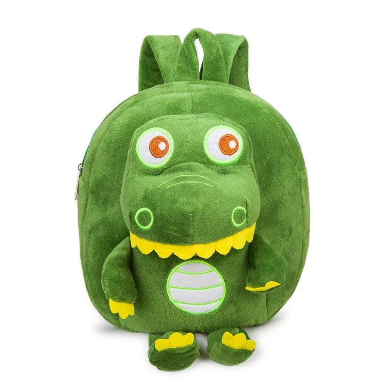 Blue soft plush dinosaur character backpack for children with embroidery, a soft handle, and backpack straps.