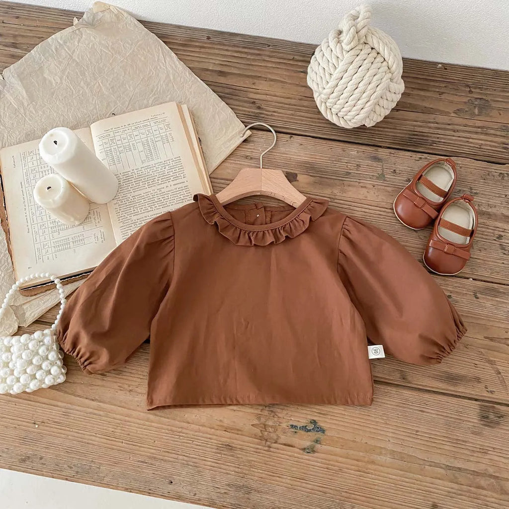 Korean style baby autumn set with brown long sleeve shirt and apricot sleeveless suspender romper, sizes 66cm to 90cm