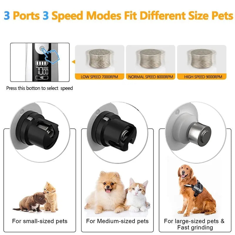 Electric dog nail trimmer device with LED display showing three speed settings for pet grooming